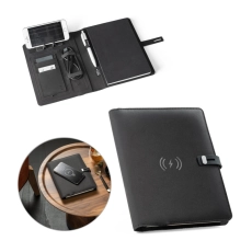 EMERGE A5 FOLDER. Porte documents A5 en 300D 100% rPET avec chargeur sans fil